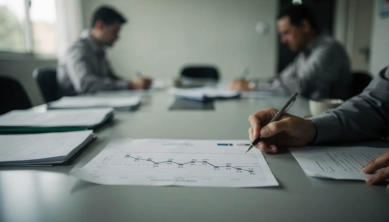 Reunião de trabalho sobre um relatório impresso: no papel, um gráfico de série temporal com a linha caindo ao longo dos anos.