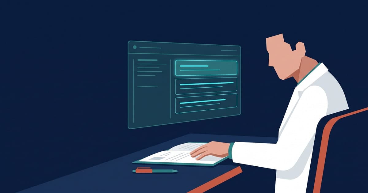Um médico com a mão sobre o prontuário; o painel de sugestões fica atrás dele, menor.