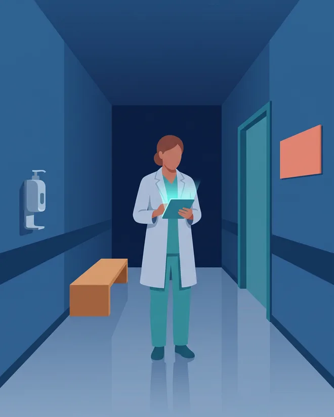 Uma profissional num corredor iluminado da unidade, com o tablet aceso nas mãos, entre o banco e a placa da parede.