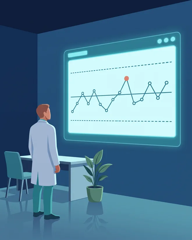 Carta de controle num painel grande de parede — a linha de pontos, a linha central, os dois limites tracejados e um ponto coral —, com uma pessoa pequena diante dela.