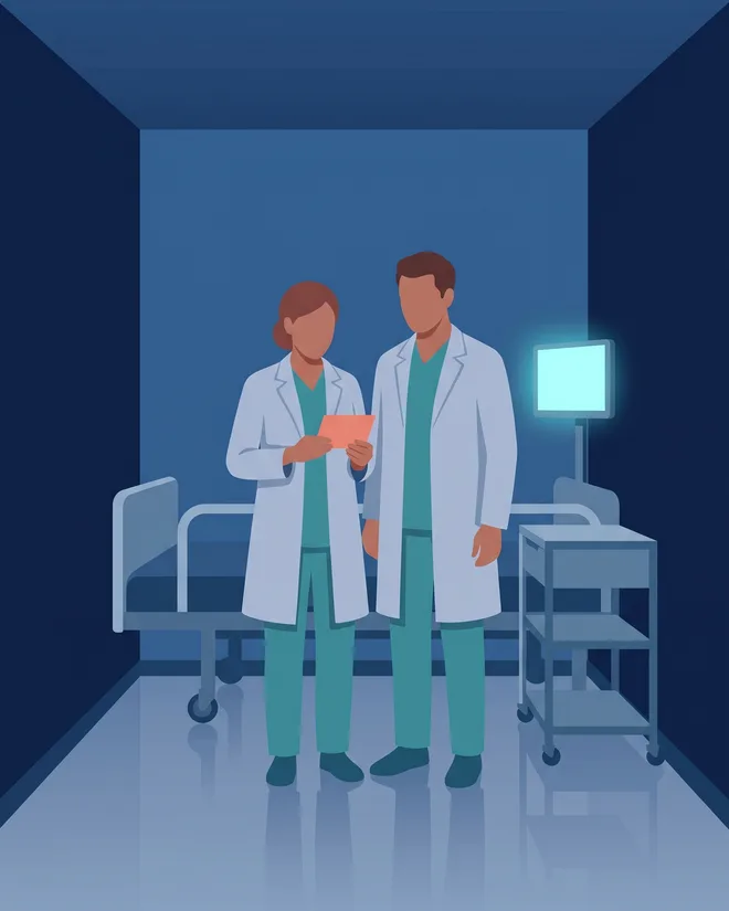 Enfermeira e médico lado a lado num box de enfermaria, com a ficha da mudança na mão dela e o monitor aceso atrás.